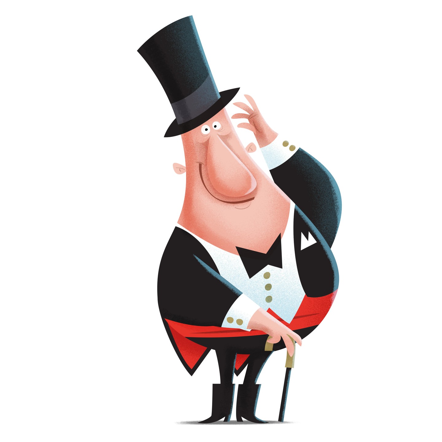 Illustration of a cartoon man in a tuxedo and top hat holding a cane, standing against a white background in a formal pose.