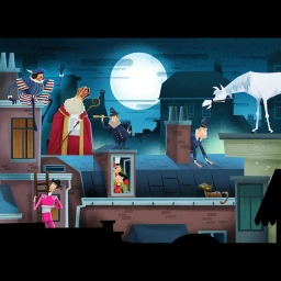 Illustration by Mark Borgions depicting characters and a white horse on nighttime rooftops under a large full moon.