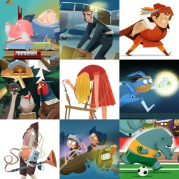 Collage of nine diverse character illustrations by Mark Borgions featuring stylized cartoon figures and animals in various dynamic scenes