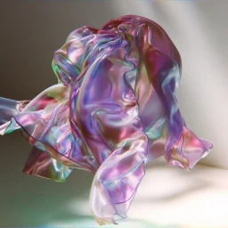 An iridescent draped fabric sculpture with glossy metallic sheen floating against a minimalist light gradient background.
