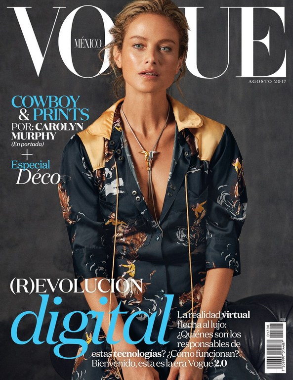 Vogue Mexico magazine cover featuring a model wearing a Western-style outfit with cowboy prints, posing in front of a dark background.