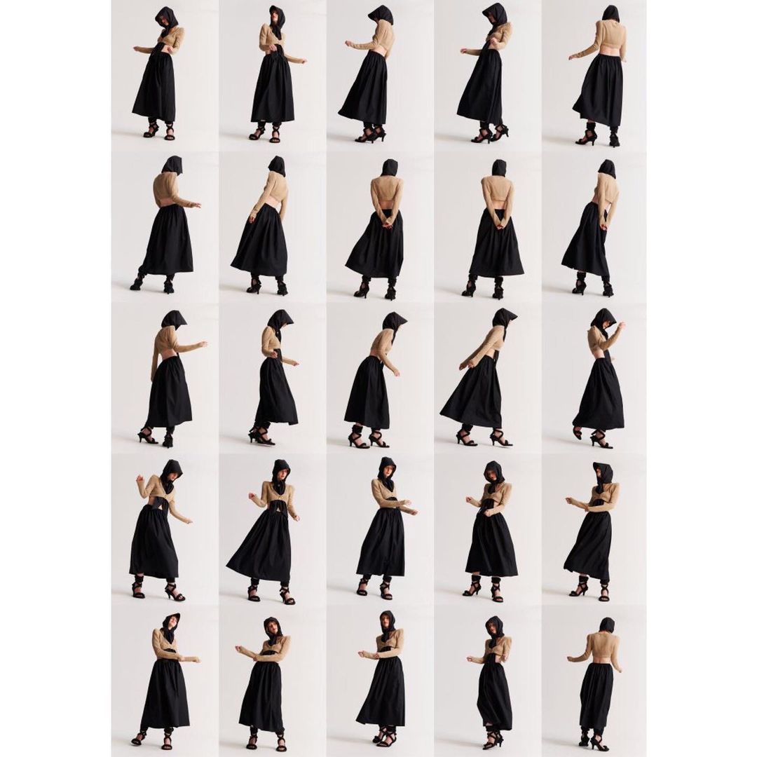 Collage of a woman wearing a black skirt and strappy high heels, posing in different positions against a neutral white background.