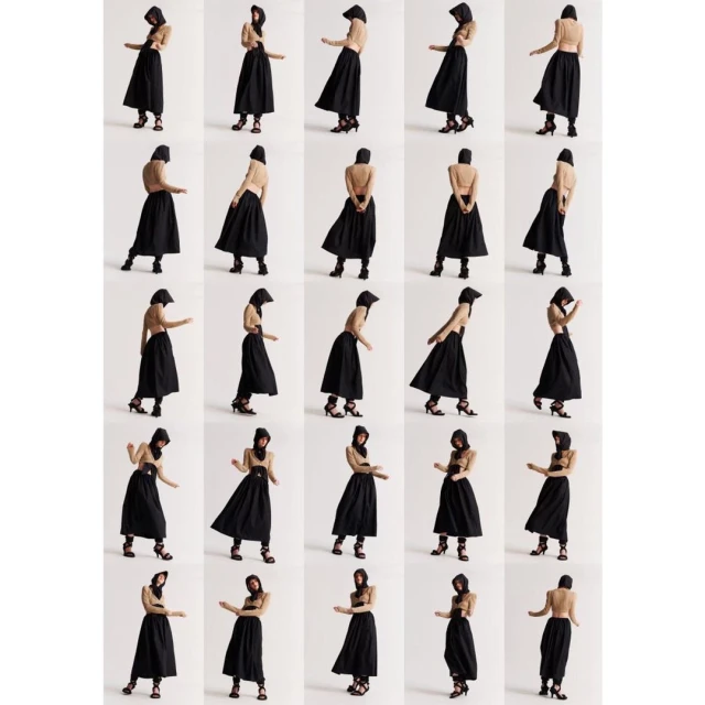 Collage of a woman wearing a black skirt and strappy high heels, posing in different positions against a neutral white background.