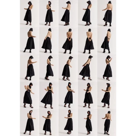 Collage of a woman wearing a black skirt and strappy high heels, posing in different positions against a neutral white background.