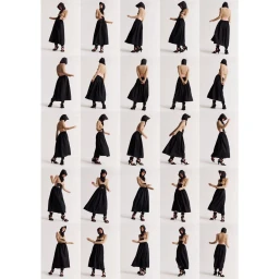 Grid of twenty photographs showing a model in a hooded top, black skirt, and sandals posing against a white studio background.