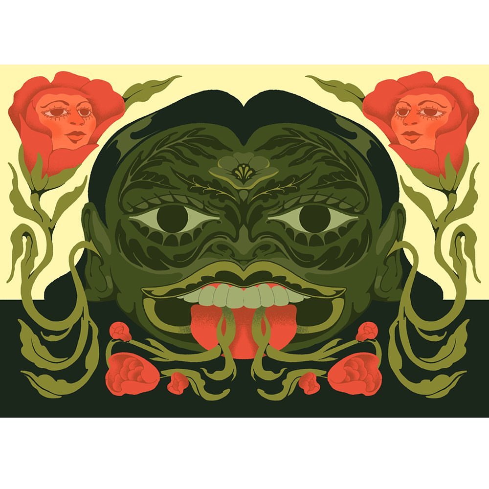 Abstract digital art of a face with vine and floral elements in green, coral, and yellow tones against a dark background.