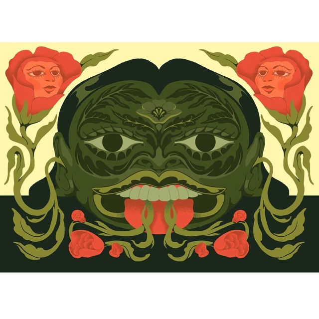 Abstract digital art of a face with vine and floral elements in green, coral, and yellow tones against a dark background.