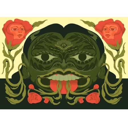 Abstract digital art of a face with vine and floral elements in green, coral, and yellow tones against a dark background.