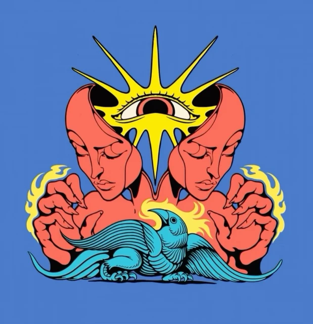 Stylized graphic art shows twin human heads and a bird beneath an all-seeing-eye symbol, against a flat blue background.