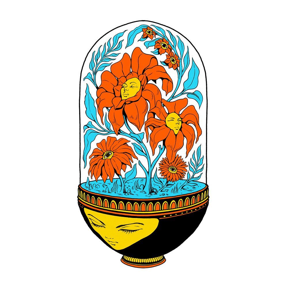 Illustration of floral vase with faces inside a transparent dome, vibrant color palette, surreal and whimsical art style on white background.