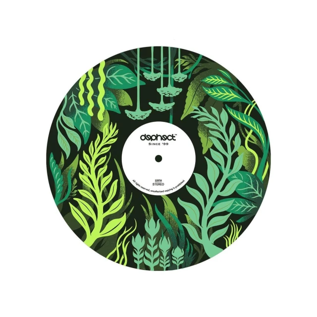 Illustrated vinyl record with vibrant green foliage surrounding the label, set against a clean white background. Graphic art style.