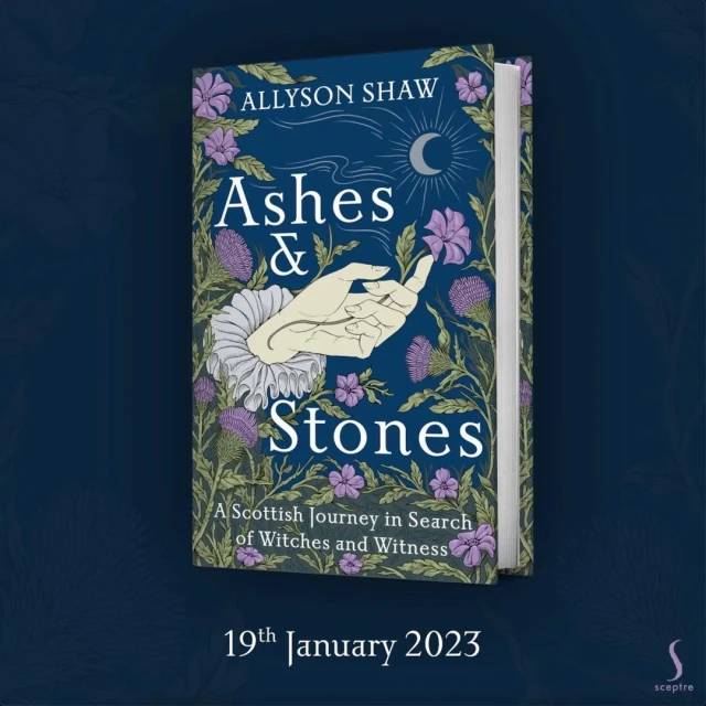 Book cover of "Ashes & Stones" by Allyson Shaw with a hand illustration, flowers, and moon on a navy background.