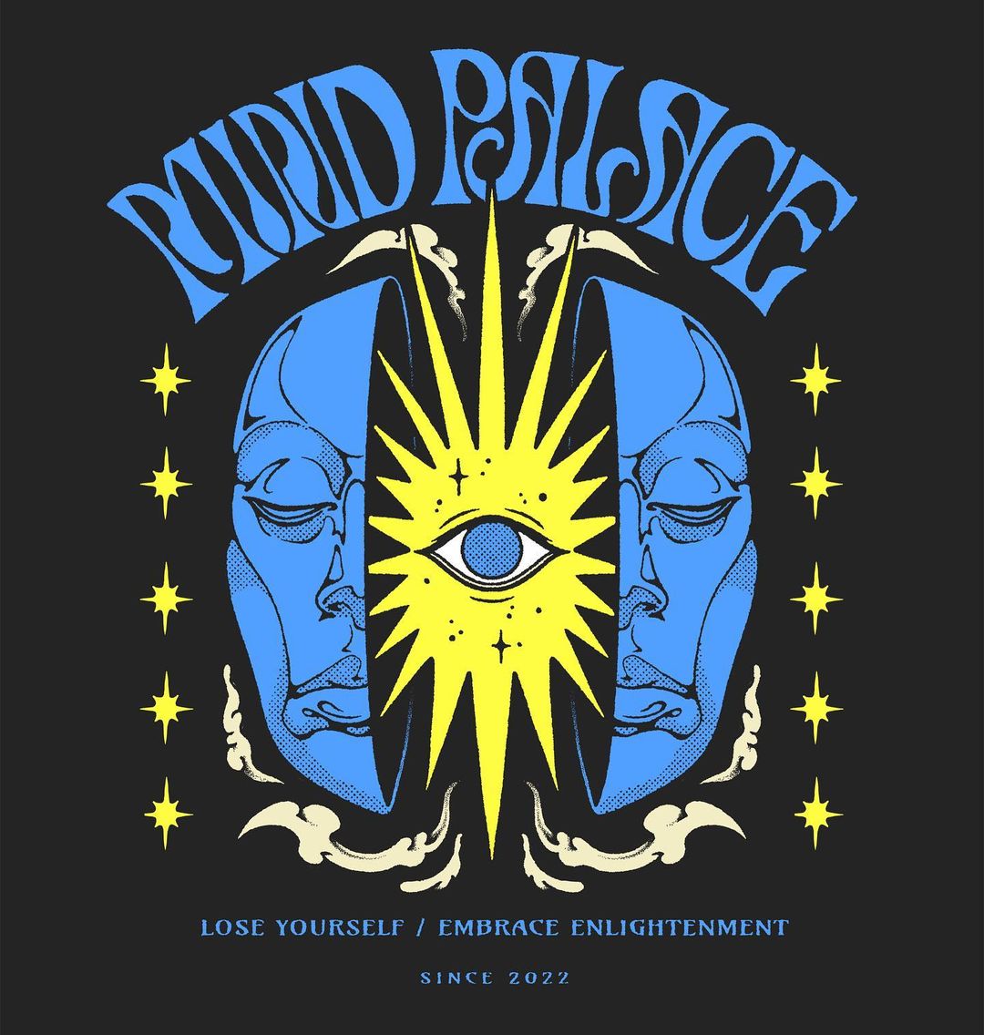 Illustration featuring two blue faces facing each other, framing a yellow starburst with an eye at the center, against a black background.