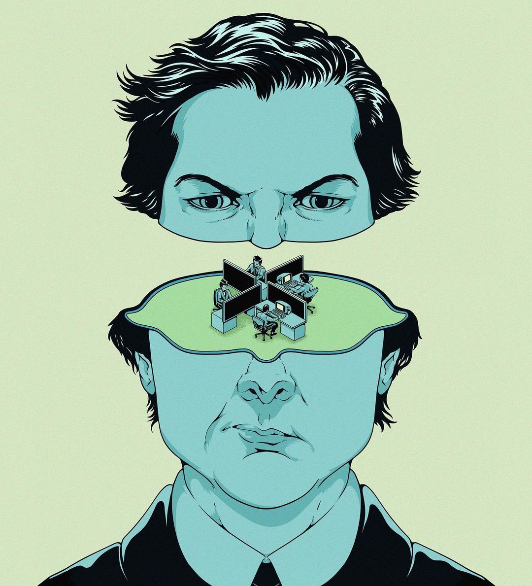 Illustration of a split-open head revealing an office scene inside, topped by a separate, floating head with intense eyes.
