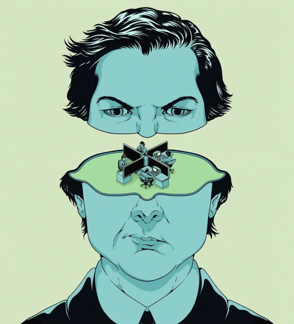 Illustration of a split-open head revealing an office scene inside, topped by a separate, floating head with intense eyes.