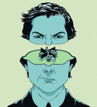 Illustration of a split-open head revealing an office scene inside, topped by a separate, floating head with intense eyes.