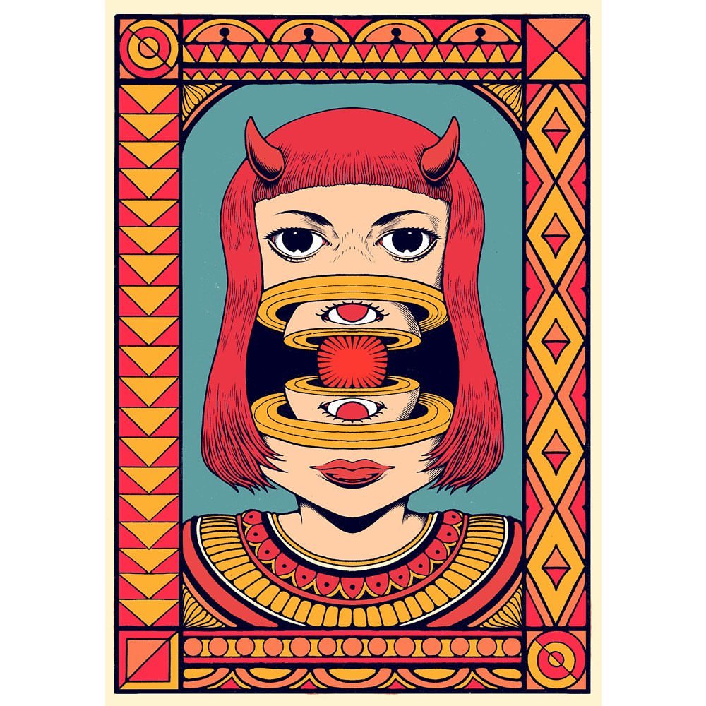 Illustration of a red-haired woman with devil horns and eyes embedded in levitating rings around a red, spiky sphere.