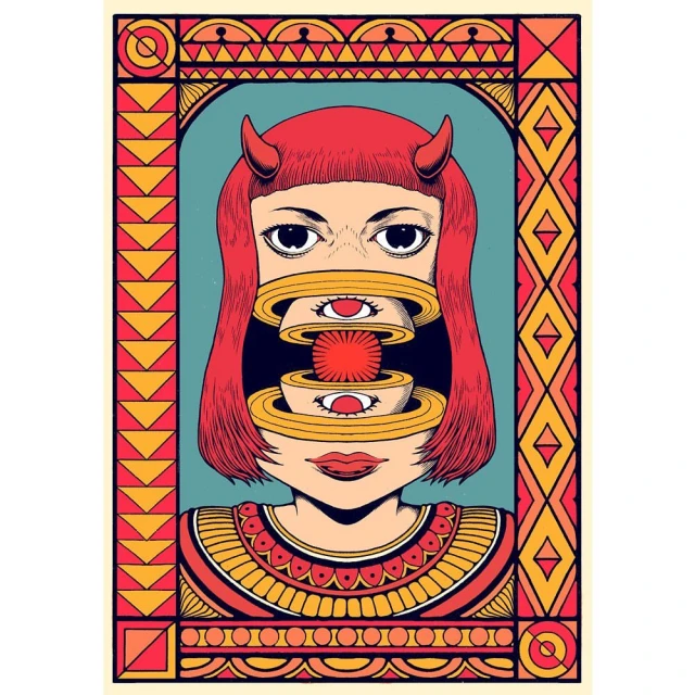 Illustration of a red-haired woman with devil horns and eyes embedded in levitating rings around a red, spiky sphere.