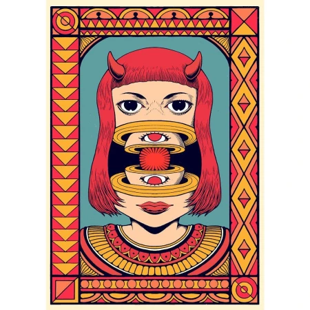 Illustration of a red-haired woman with devil horns and eyes embedded in levitating rings around a red, spiky sphere.