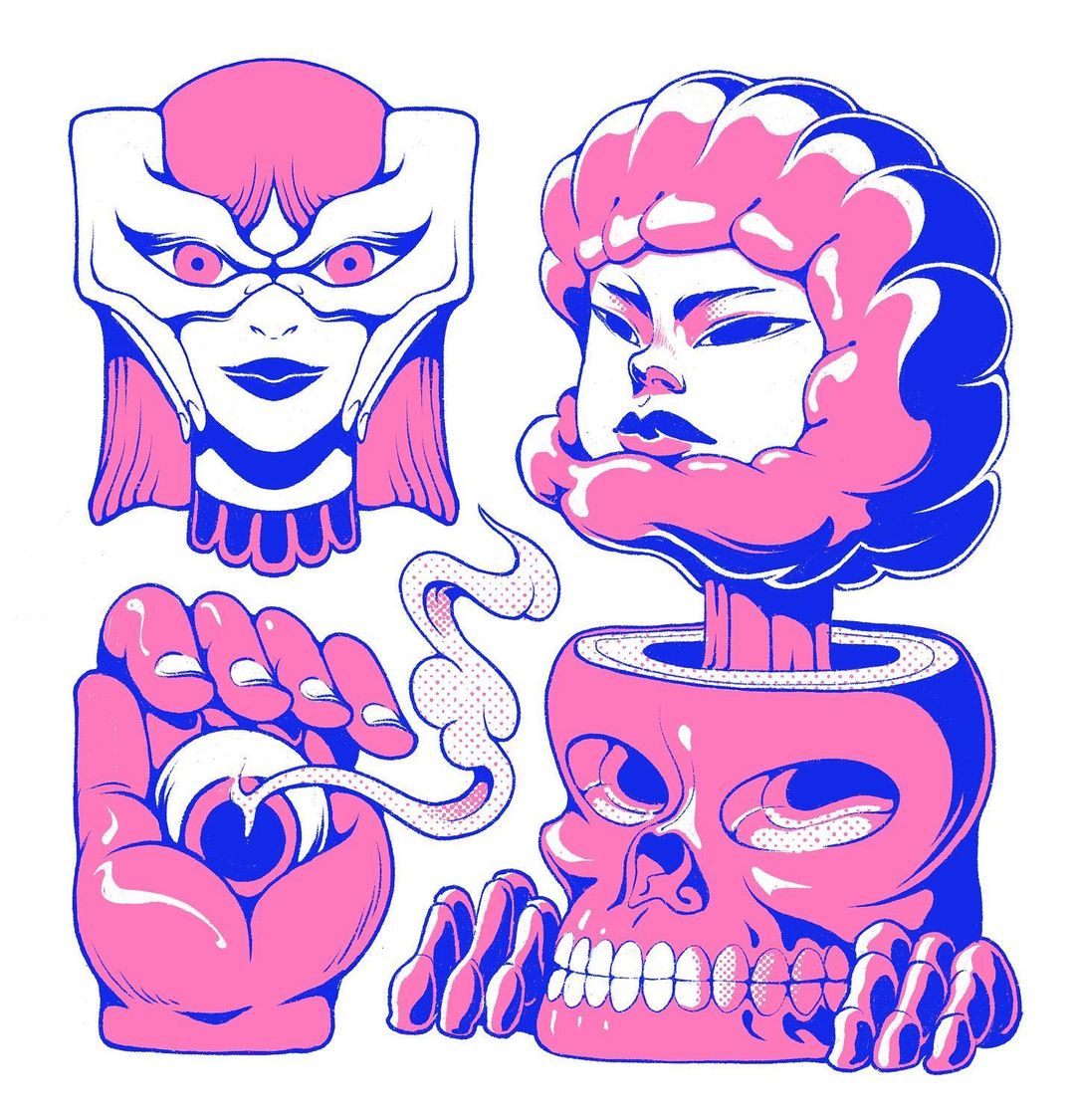 Whimsical illustration of surreal, stylized figures and objects in pink and blue on a white background, featuring a hand holding an eye and skull.
