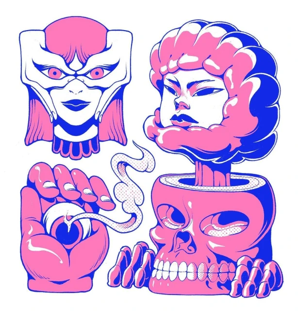 Whimsical illustration of surreal, stylized figures and objects in pink and blue on a white background, featuring a hand holding an eye and skull.