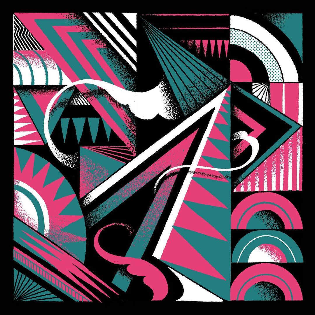 Geometric art featuring triangles, semi-circles, and lines in pink and teal on a black background with white accent shapes.