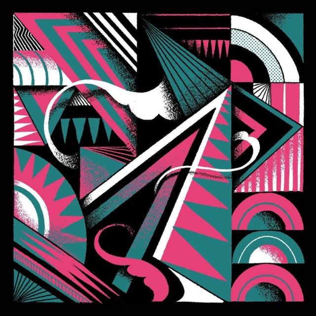 Geometric art featuring triangles, semi-circles, and lines in pink and teal on a black background with white accent shapes.
