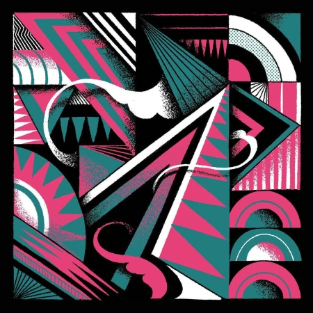Geometric art featuring triangles, semi-circles, and lines in pink and teal on a black background with white accent shapes.