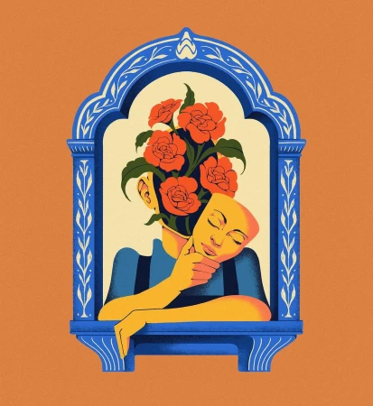 Surreal digital illustration by Iain Macarthur featuring a figure holding a theatrical mask with red roses blooming from their head inside an ornate blue arched frame
