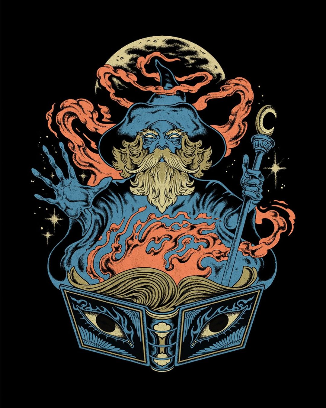 Illustration of a wizard with a beard and hat standing behind an open book with eyes on the cover, with a moon in the background.