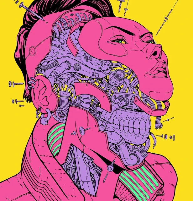 Illustration of a partially deconstructed human head with pink and purple elements on a yellow background, revealing inner mechanical components.