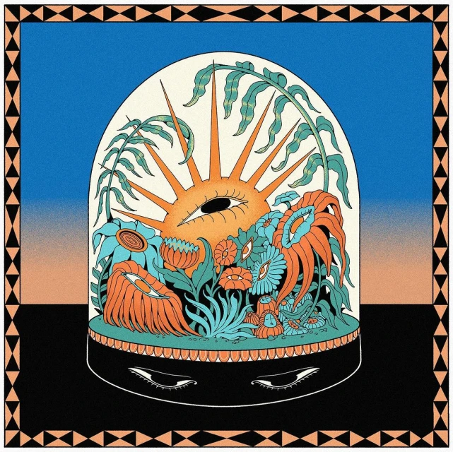 Illustration of sun and plants under glass dome with an ornamental border of black and orange triangles and squares.