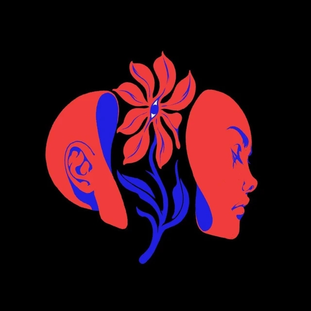 Surreal artwork featuring two human head profiles flanking a vibrant flower with a central eye, rendered in contrasting red and blue tones.