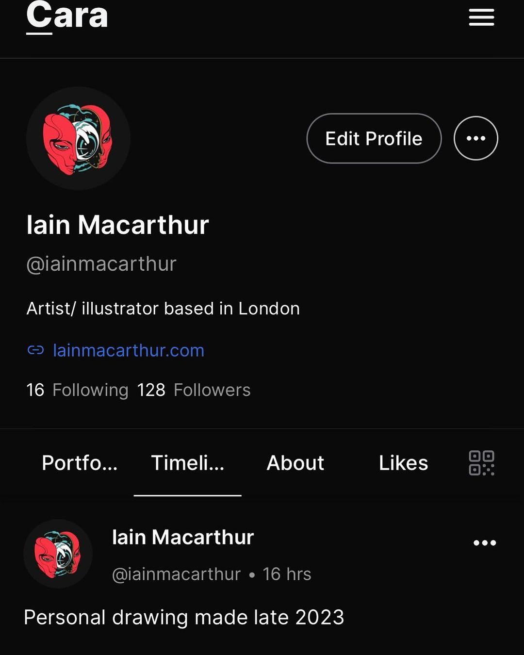 Screenshot of a Cara social media profile page featuring an artist's profile with artwork, account details, and navigation tabs.
