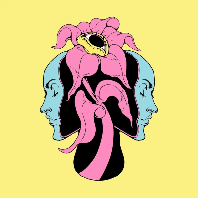 Illustration of two pale blue human faces in profile facing opposite directions with a surreal pink flower with an eye in the center.