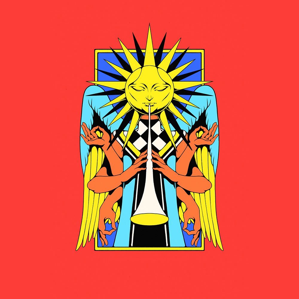 Illustration of a geometric figure with the sun, wings, and hands on a red background. Illustration, vector art, and graphic design.