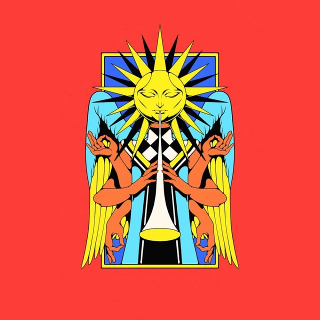 Illustration of a geometric figure with the sun, wings, and hands on a red background. Illustration, vector art, and graphic design.