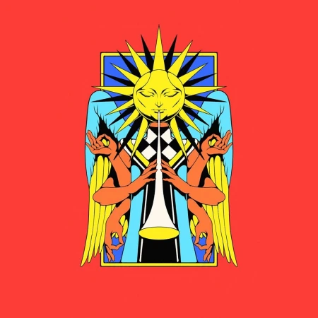 Illustration of a geometric figure with the sun, wings, and hands on a red background. Illustration, vector art, and graphic design.