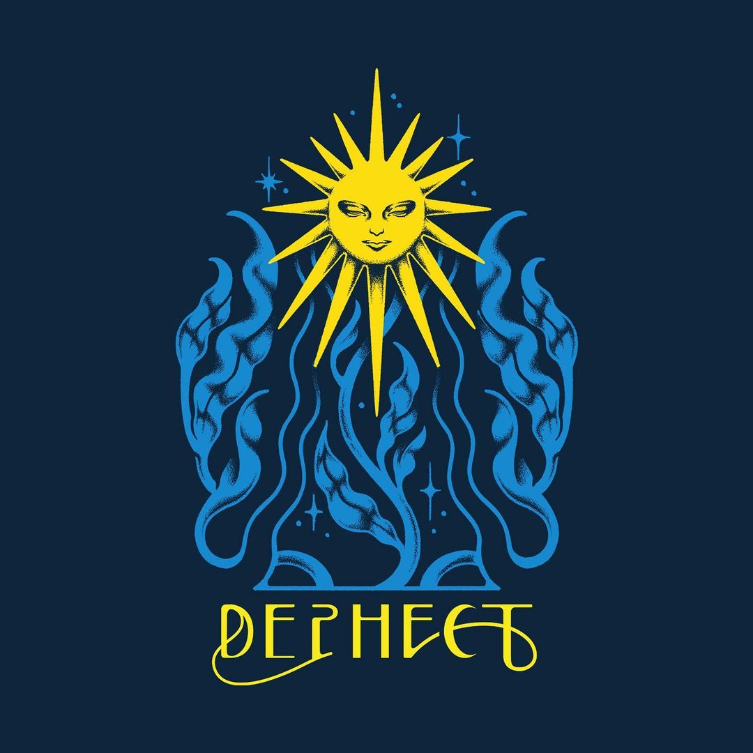 Graphic art illustration features a stylized sun with a face, blue flame-like foliage, and decorative text on a dark blue backdrop.
