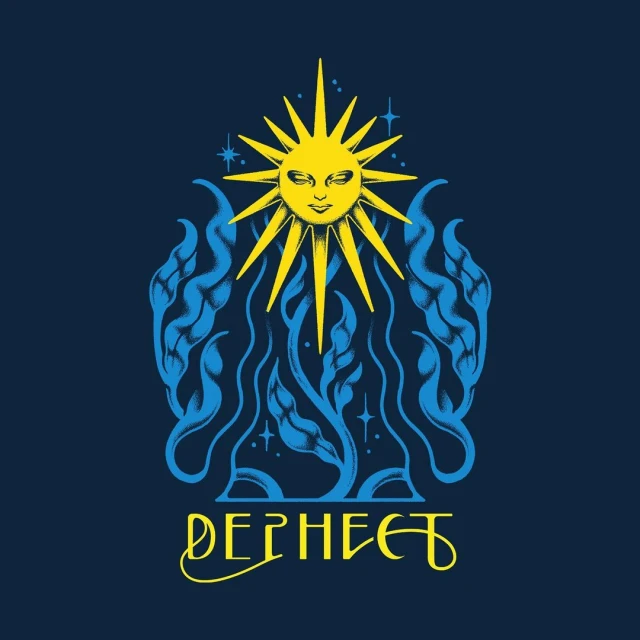 Graphic art illustration features a stylized sun with a face, blue flame-like foliage, and decorative text on a dark blue backdrop.