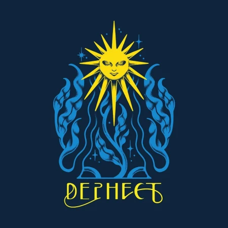 Graphic art illustration features a stylized sun with a face, blue flame-like foliage, and decorative text on a dark blue backdrop.