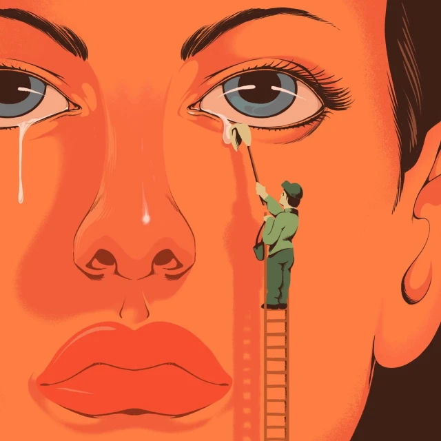 Conceptual illustration features a woman's face with large eyes and lips, as a small figure on a ladder cleans away a tear.