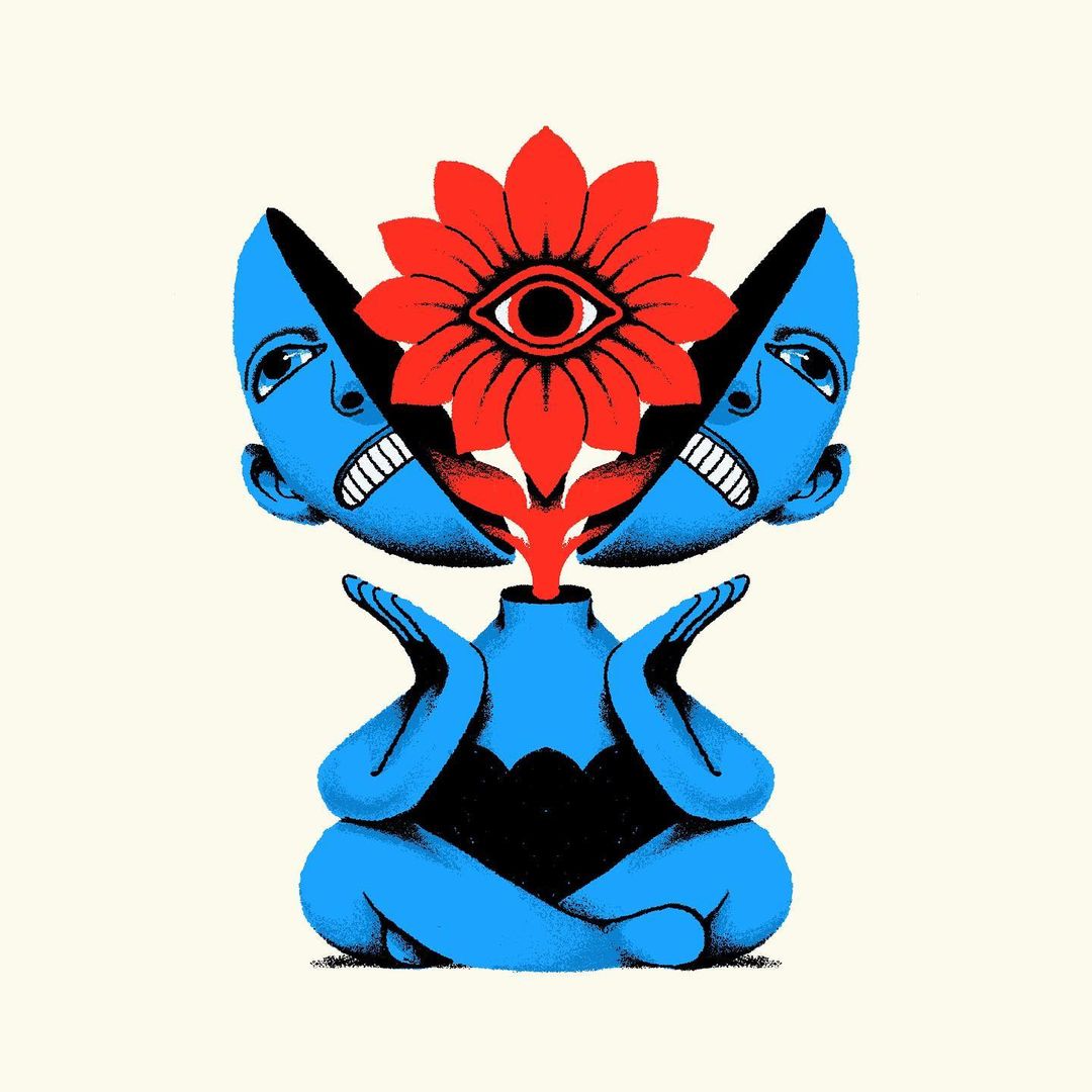 Illustration of a person in a lotus position with split head and a flower with an eye growing out of the neck in blue and red.