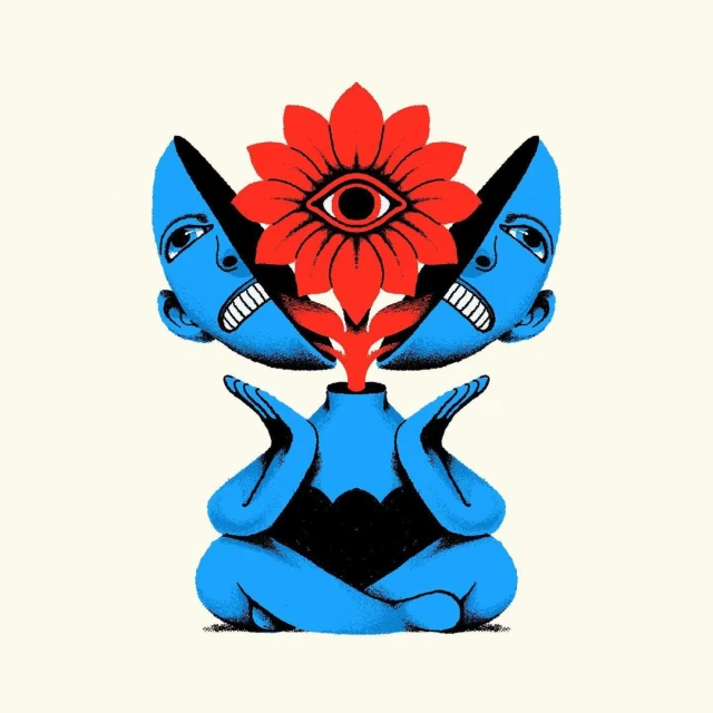 Illustration of a person in a lotus position with split head and a flower with an eye growing out of the neck in blue and red.