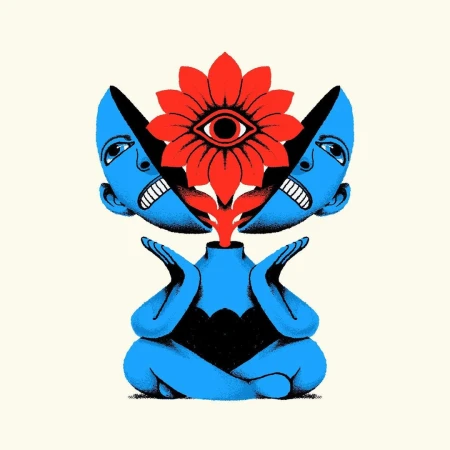 Illustration of a person in a lotus position with split head and a flower with an eye growing out of the neck in blue and red.