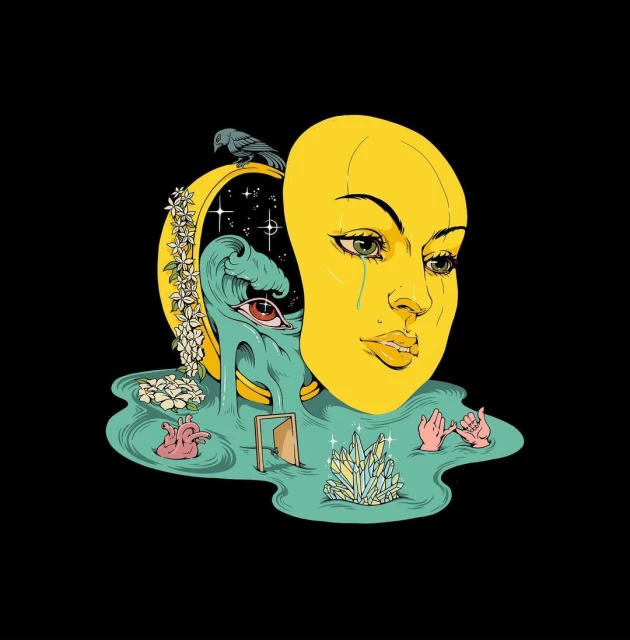 Illustration of a yellow woman's face with a wave and an eye, a bird, and crystals against a black background, creating a surreal scene.