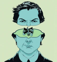 Illustration of a person's head split horizontally, revealing a small office cubicle with four workers inside the open brain cavity.