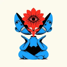 Illustration of a blue figure with head split open revealing a large red flower with an eye at the center against an off-white background