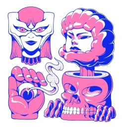 Surreal digital illustration by Iain Macarthur featuring stylized pink and blue character designs, a skull, and a hand holding an eye.