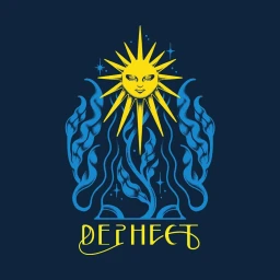 Illustrated yellow sun face with sharp rays above stylized blue flame-like foliage and blue text on dark blue background.